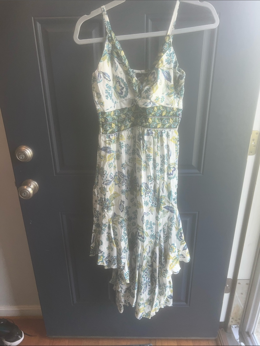 Angie White Floral High-Low Sundress with Green and Blue Accents